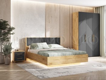 Кровать парящая с ПМ Ирис графит/дуб крафт (Миф) в Ирбите - irbit.mebel-e96.ru