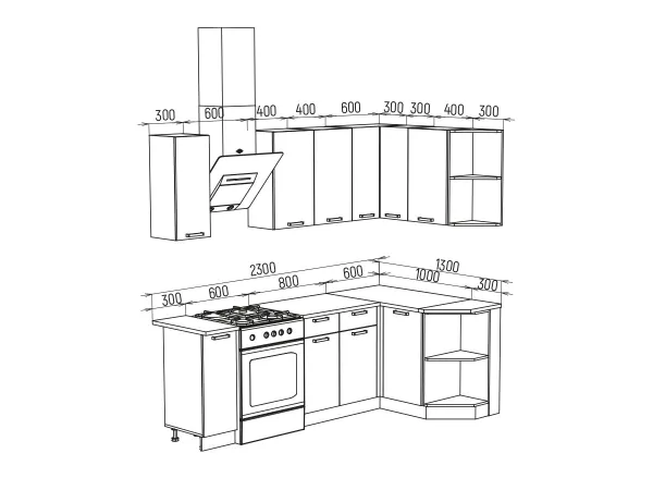 Угловой кухонный гарнитур Техно 1.7*1.3 м Вариант 3 (Миф) в Ирбите - irbit.mebel-e96.ru